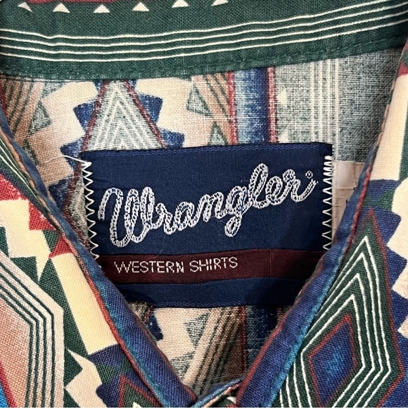 Vintage Wrangler Southwestern Aztec Green Pearl Snap Shirt L Cowboy Bushpopper - Picture 3 of 14